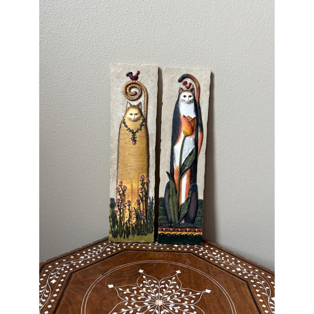 Vintage Pair Of E. Smithson 3D Folk Art Cat Resin Wall Plaques